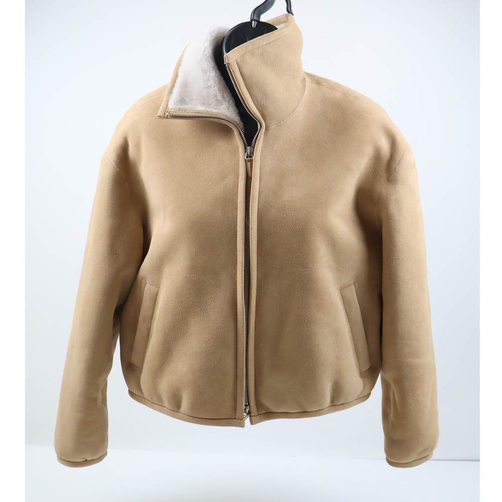 James Perse Shearling Bomber Jacket WSHA2711 Tan Solid 1 Leather NWT $2495